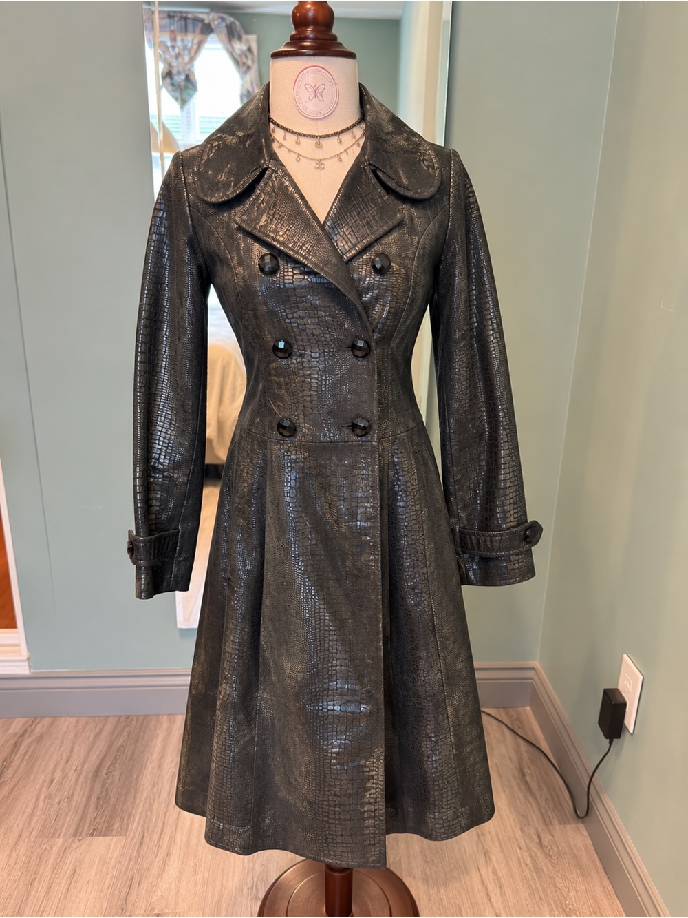 Vintage NWT Croc Embossed Pig Leather Fit & Flare Trench Coat XS/S